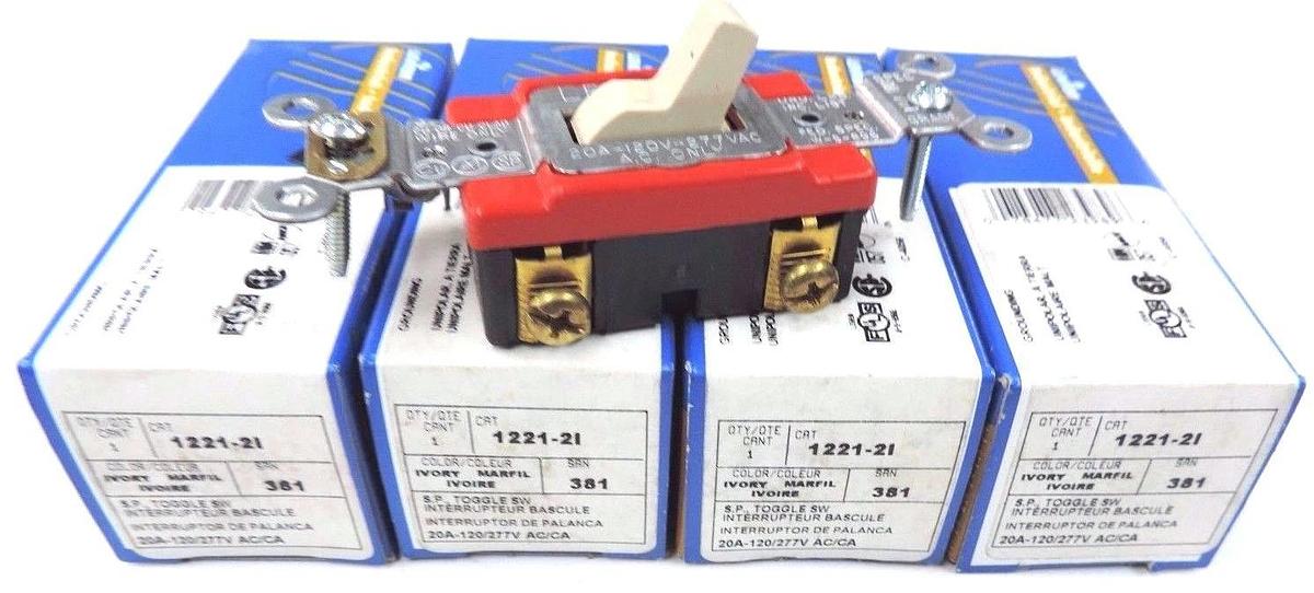 Used LOT OF 4 NIB LEVITON 1221-21 S.P. TOGGLE SWITCHES 20A-120/277V, IVORY