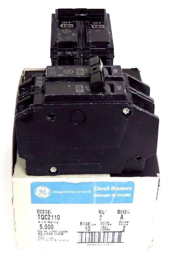 Used 2 GENERAL ELECTRIC TQC2110 CIRCUIT BREAKERS MODEL A, 10A, 120/240VAC, 2 POLE