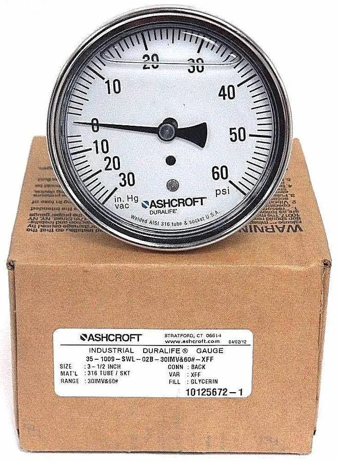 Used NIB ASHCROFT 35-1009-SWL-02B-30IMV&60#-XFF DURALIFE GAUGE SIZE: 3-1/2''