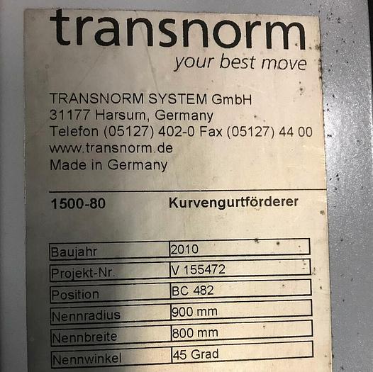 Gebraucht TRANSNORM Kurvengurtförderer Transnorm 45° Links 1500-80