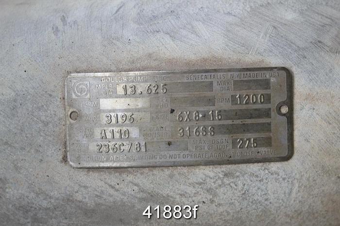 Used Goulds 3196 6x8x15 Pump, SS Casing, 6-Vane SS Impeller #41883