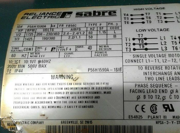 Used Reliance Electric P56H1590A Motor 1/2 HP 208-480V