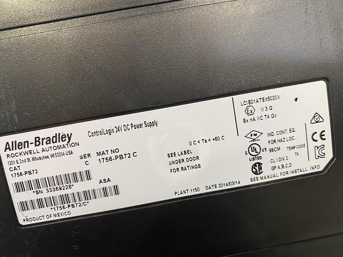 Used Allen-Bradley 1756-L73S, 1756-En2T & 1756-PB72 on 1756-A17 ControlLogix Chassis