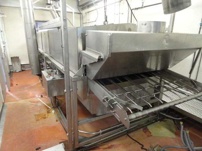 Used STEAM FIRED BLANCHER, 48" W X 16' LONG, OVERHEAD FRAMEWORK FOR HOISTING CANOPY, ALL STAINLESS STEEL M2003M