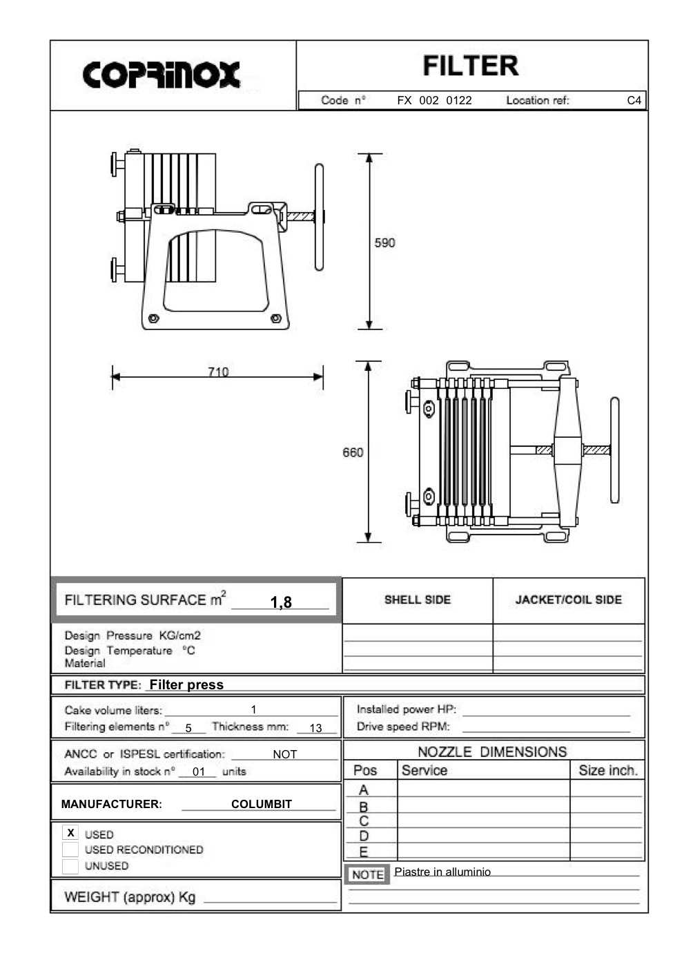 Usato Filtro pressa 1,8 m2