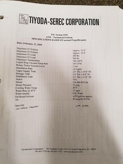 Used Tiyoda Serec Vacuum Degreasing System Dual Chambers Dissolves Cleans Rubber & Plastic off Metal Complete System