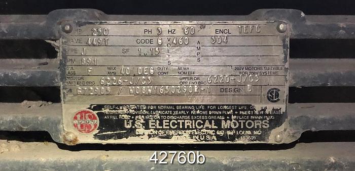 Used US Electrical Motors 250 Hp AC Motor, 460 Volts, 891 Rpm, 449T Frame #42760