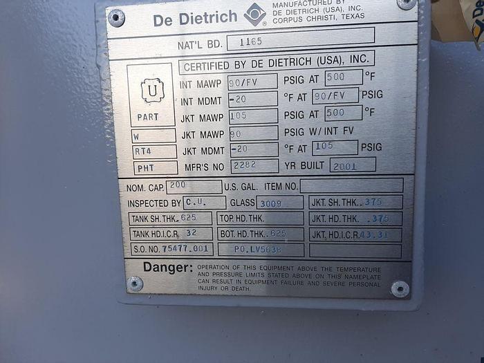 Used Reactor, 200 Gallon, G/L, 90 PSI, FV, Jkt, De Dietrich #S744352