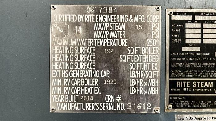 Used Boiler, 55 HP, Rite Steam, Model 200SG, 1920 lbs/hr steam #C744685