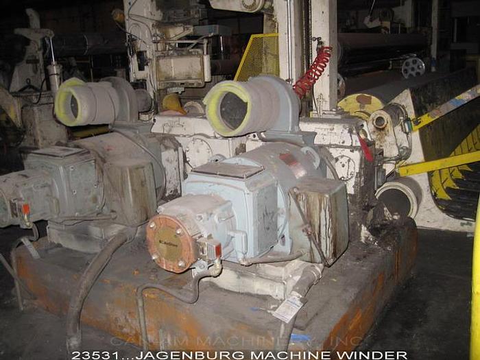 Used Jagenberg 45-21 Machine Winder, 24"X128" Drums, Regenerative Brake, Dual Drum Drives With 100Hp, 500V, Dc Drives, Falk 2070Y1B Gear Boxes, Shaftless Rewind, 84" Max Rewind Diameter #23531