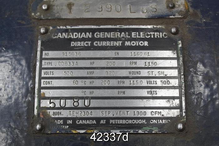Used Canadian General Electric DC Motor, 500 Hp, 1150 Rpm, 500 Volts #42337