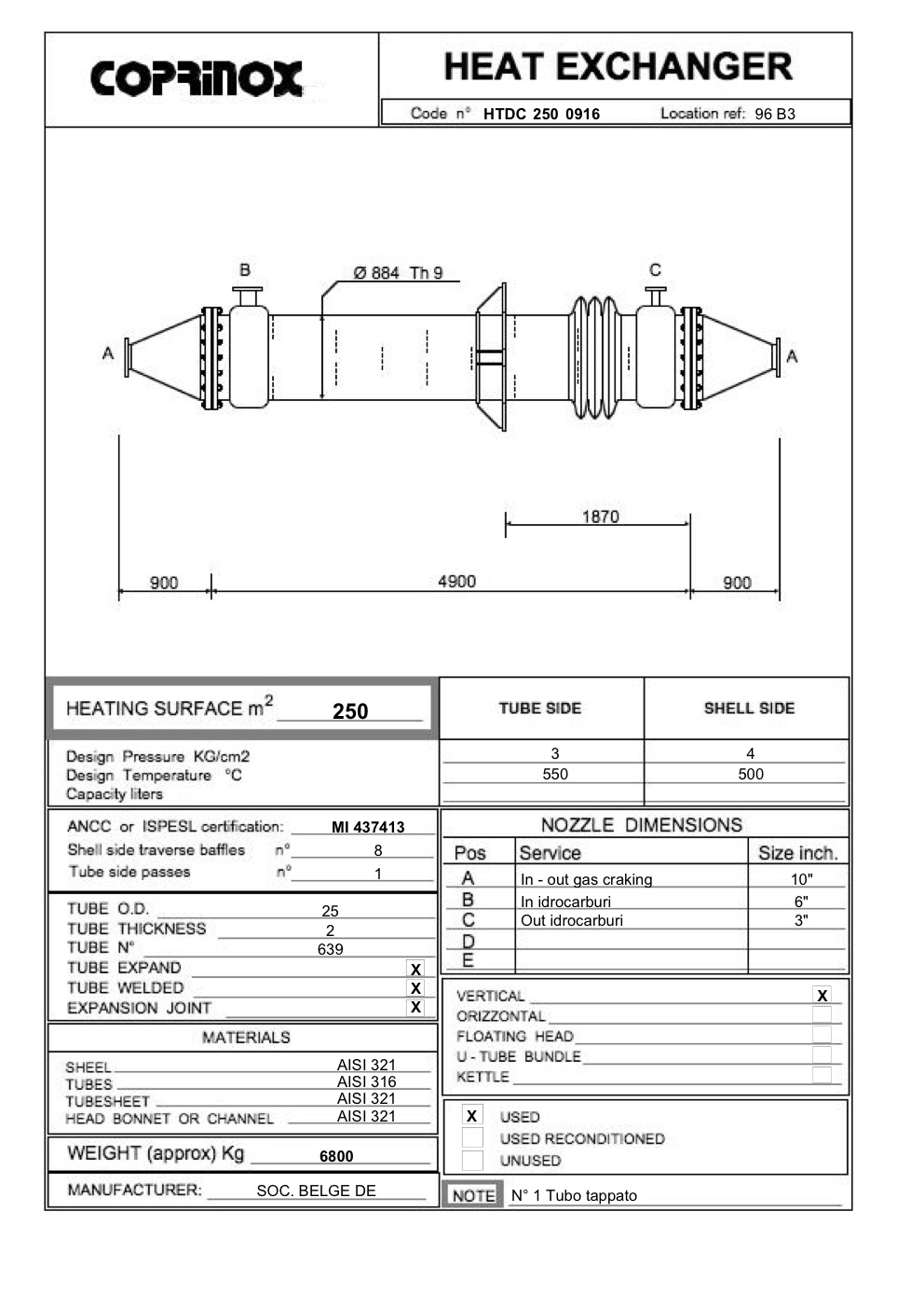 Used SOC heat exchanger. BELGE DE L'AZOTE of 250 square meters