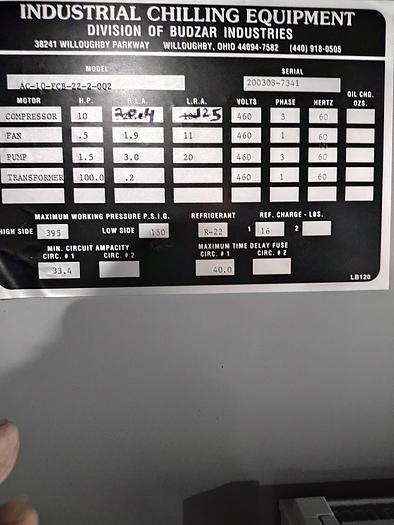 Used Refrig, Chiller, 22 GPM, Budzar, Air Cooled #C742063