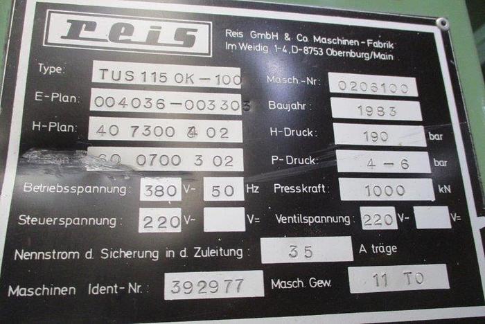 Used Press Die Spotting Hydraulic REIS TUS 115 OK 100
