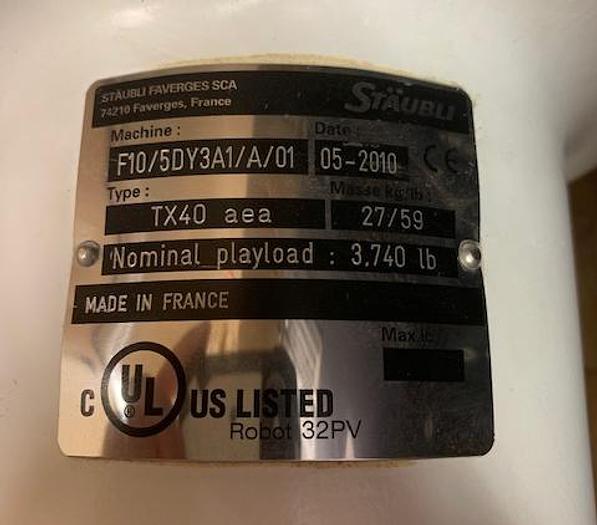 Used 2010 STAUBLI TX40 ROBOT WITH SCHUNK GRIPPER AND CS8C CONTROLLER