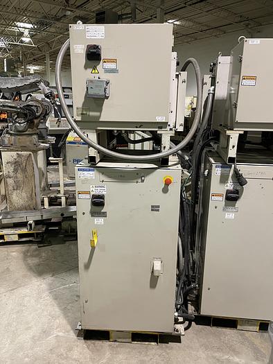 Used MOTOMAN EA1400N DUAL ARM ROBOTIC MIG WELDING CELL WITH 11,000 LB CAPACITY A/B SIDED INDEX TABLE