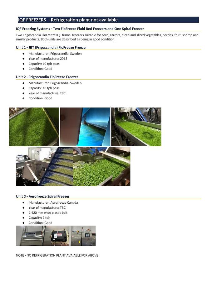 Used IQF freezing, corn and carrot processing, packing lines and ancillary equipment
