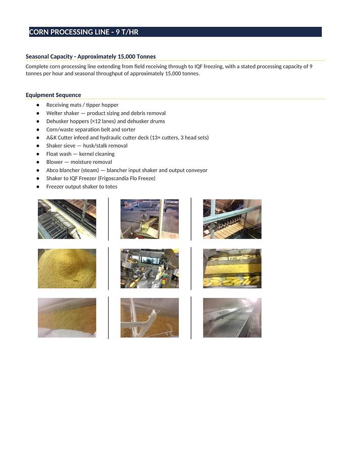 Used IQF freezing, corn and carrot processing, packing lines and ancillary equipment
