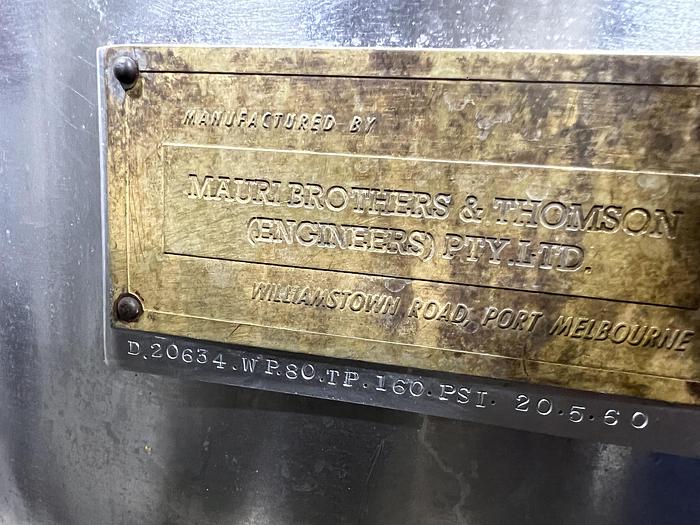 Used MAURI BROTHERS & THOMSON ENGINEERING 350 litre steam jacketed Kettle with scraped surface agitator