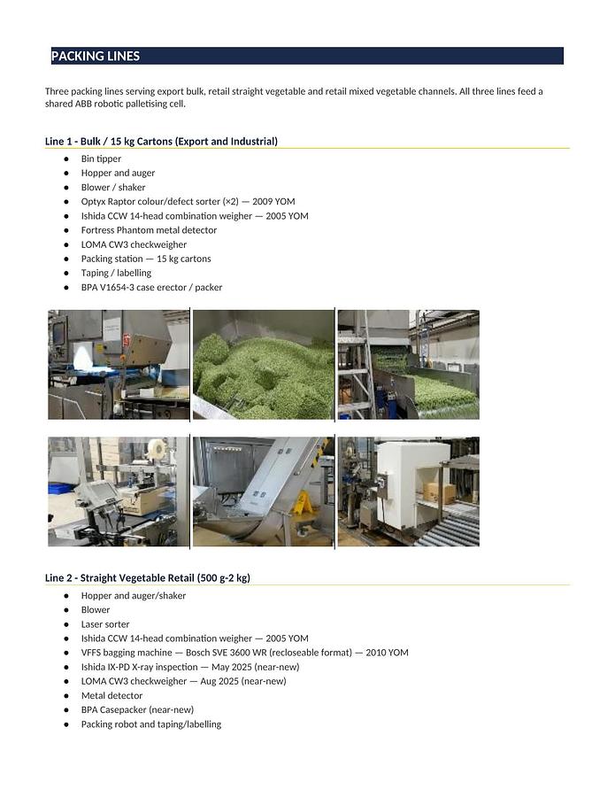 Used IQF freezing, corn and carrot processing, packing lines and ancillary equipment