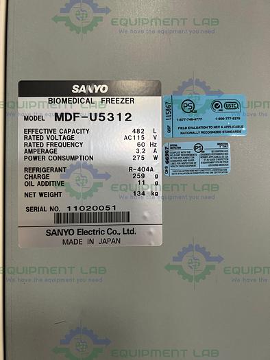 Used Sanyo  MDF-U5312 Two Door Biomedical -30°C Freezer 17.94 Cu. Ft. , 115V