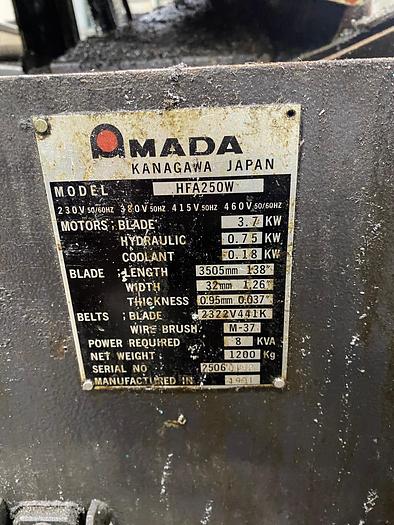 Used 1991 Amada HFA250W 12" x 10" Horizontal Bandsaw - 2 units available
