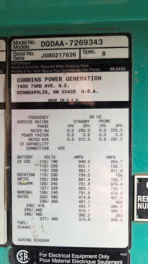 Used Cummins/Stamford 400 KW Diesel Generator