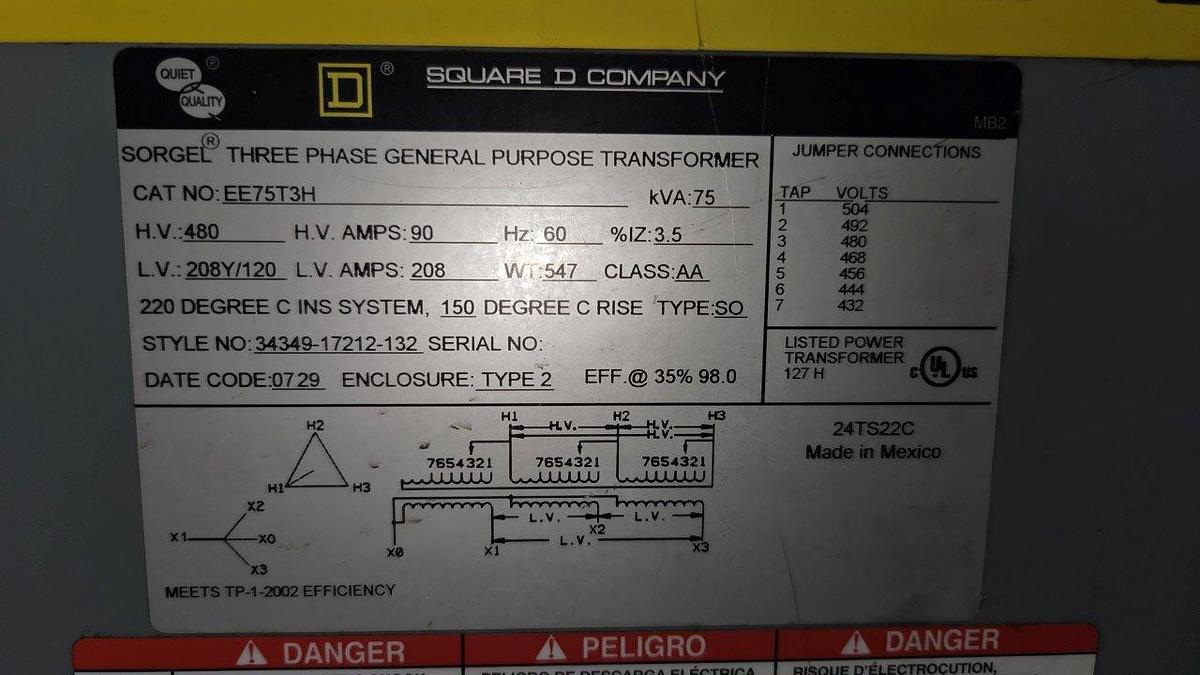 Used Square D Company  75 KVA Transformer