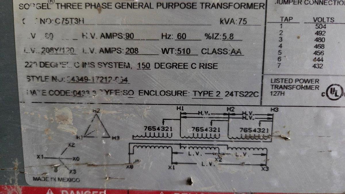 Used Square D Company 75 KVA Transformer