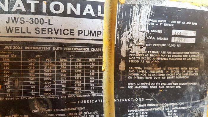 Used National JWS-300L Triplex Well Servicing Reversing Mud Pump Package