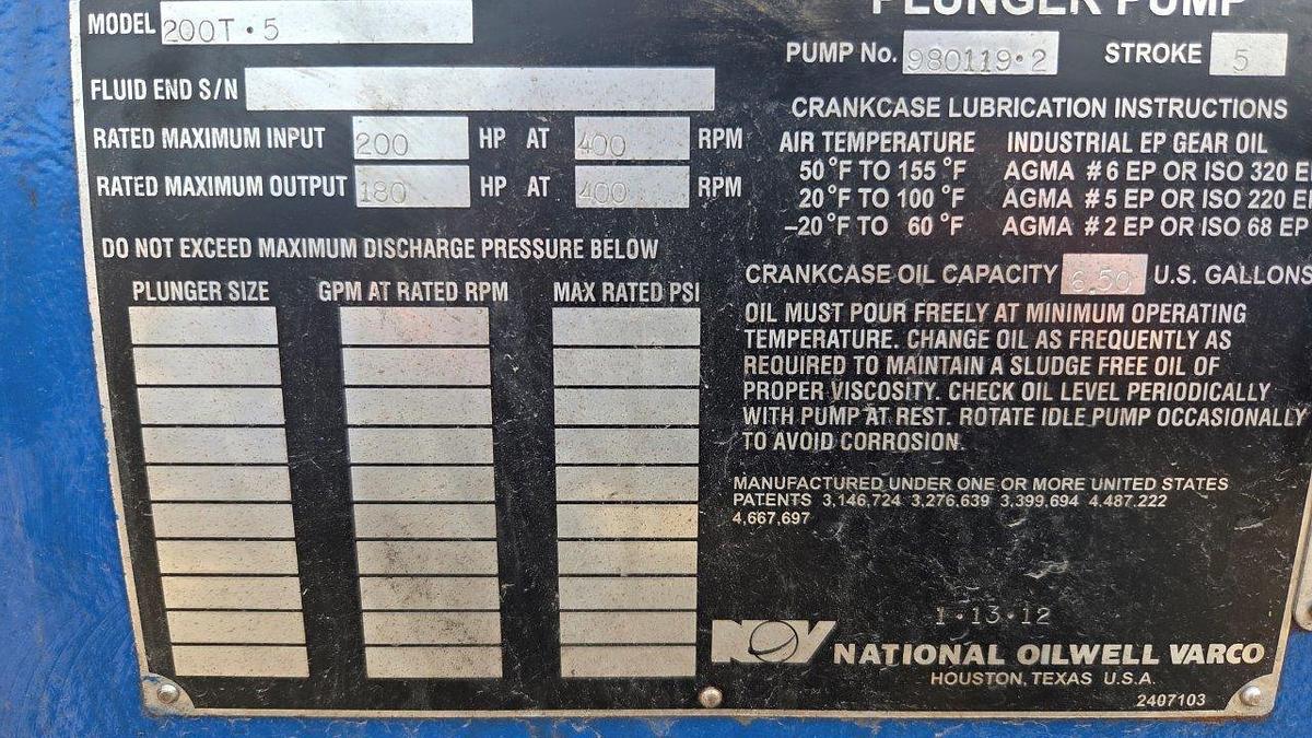 Used National Oilwell Varco "NOV" 200T-5 Triplex Pump