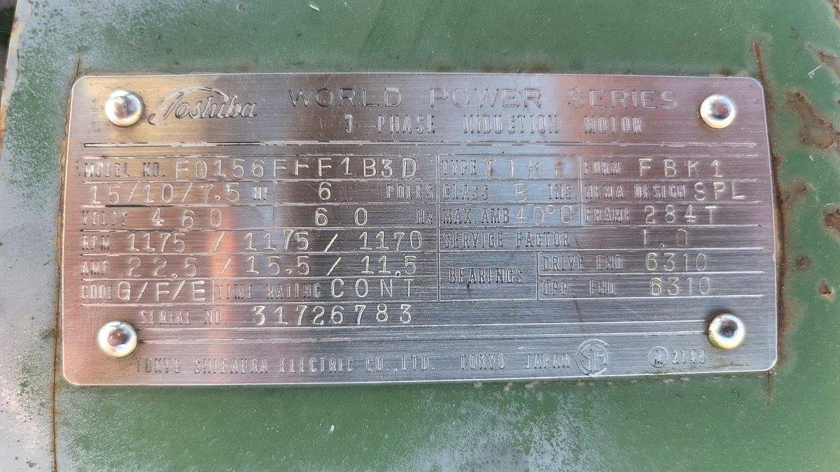 Used Toshiba 15/10/7.5 HP Triple Rate Electric Motor