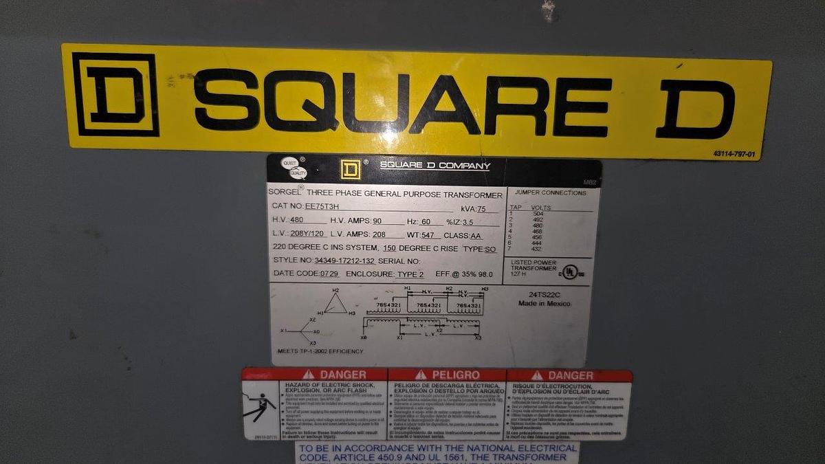 Used Square D Company  75 KVA Transformer