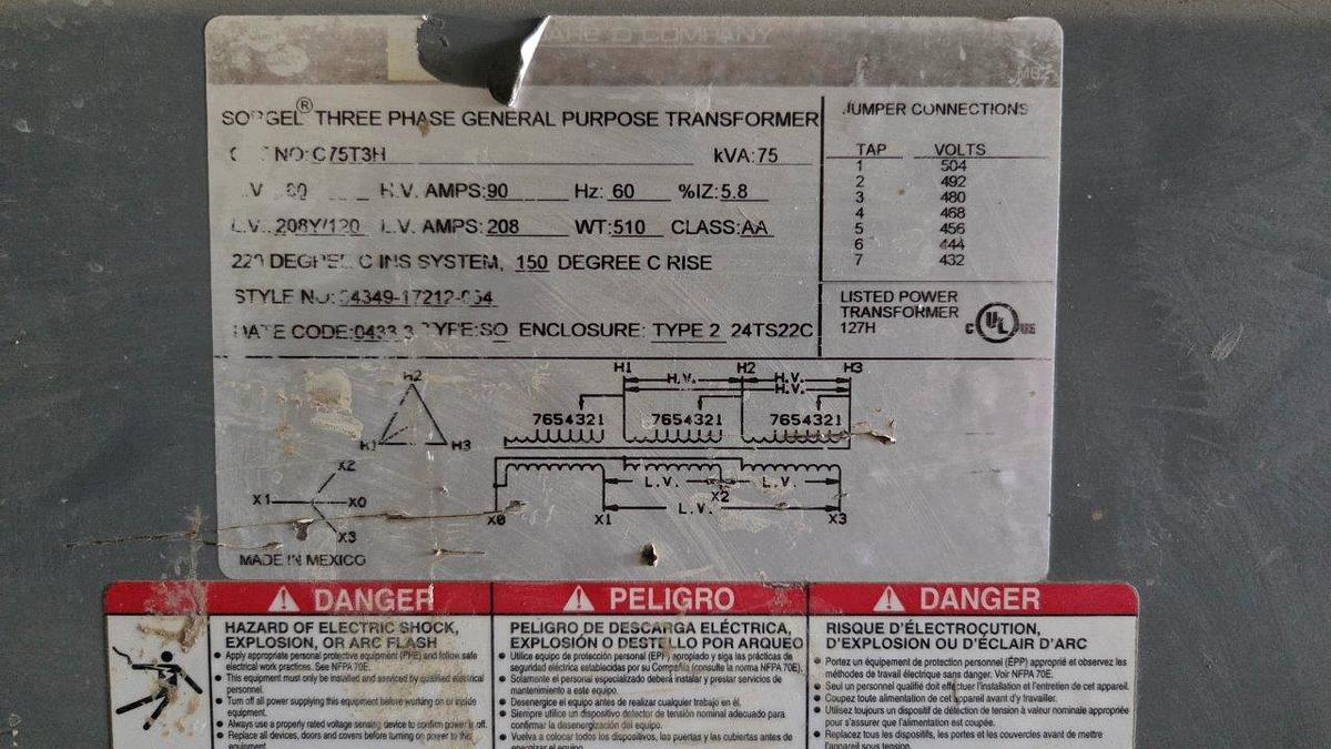 Used Square D Company 75 KVA Transformer