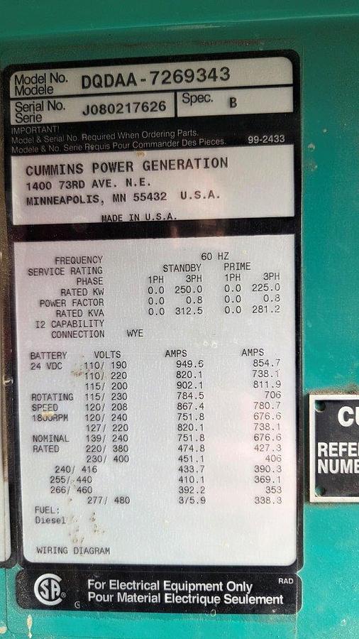 Used Cummins/Stamford 400 KW Diesel Generator