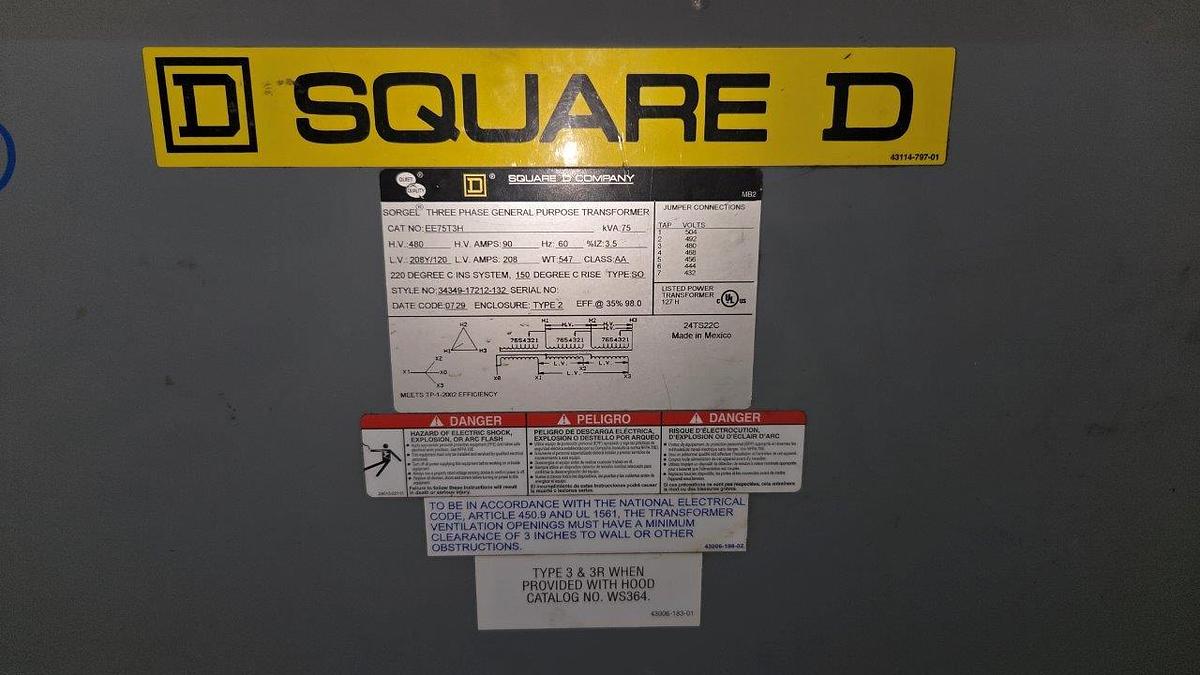 Used Square D Company  75 KVA Transformer