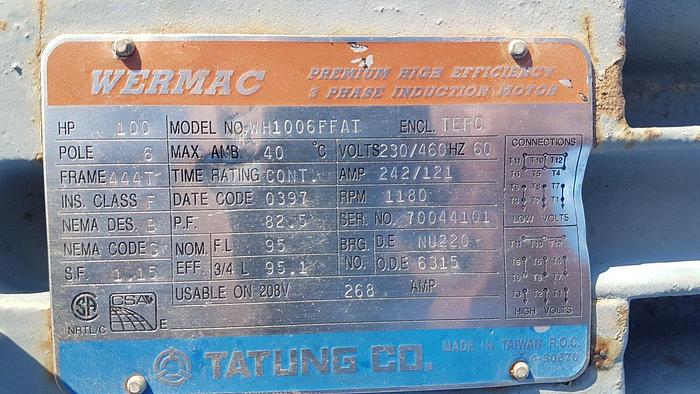Used Wermac 100 HP Electric Motor