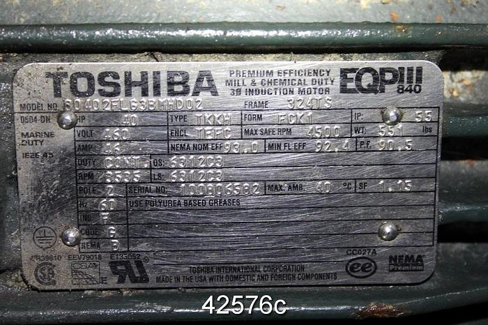Used Toshiba B0302FLG3BMHD A/C Motor, 30 Hp, 3600 Rpm, 286TS Frame #42576
