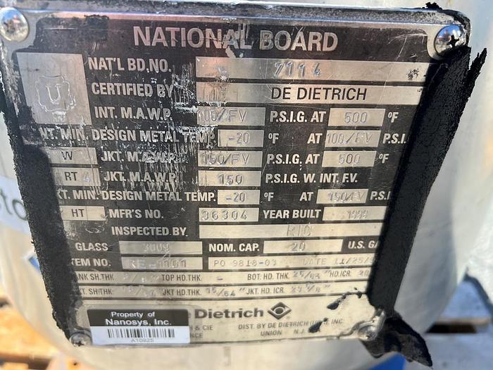 Used Reactor, 20 Gallon, Glass Lined, De Dietrich, 150 PSI, Jacketed, Agitated #S744733