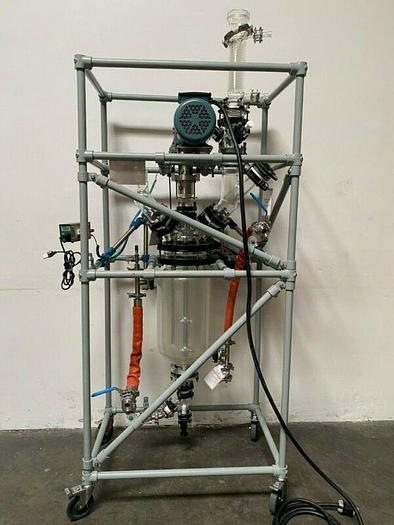 Used Sentinel Process System Skid w/ 20 L Jacketed Glass Reactor, Condenser & Mixer
