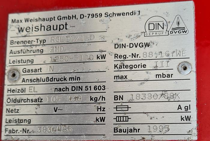 Used WEISHAUPT Gas Burner RGL11/1-D
