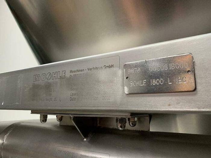 Used LB Bohle 1800 Liter Stainless Steel IBC Blending Tank Max Temp 100 C