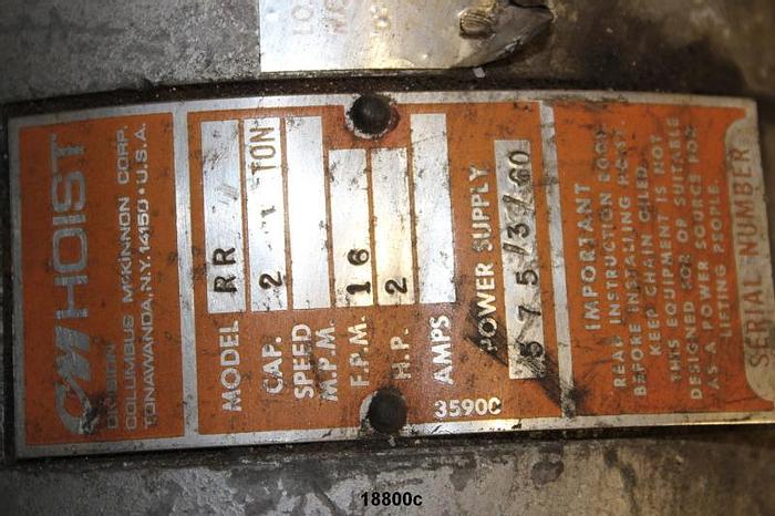Used Cm LOADMASTER Hoist, 2-Ton, Chain Type, 550 Volt #18800