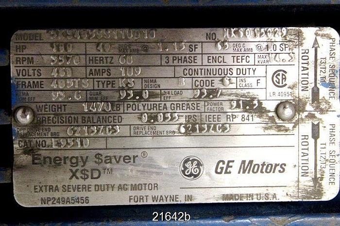 Unused General Electric  Motor, 100 Hp, 3570 Rpm, 460 Volt, 405Ts Frame, 93.6% Efficiency, Extra Severe Duty (Unused) #21642