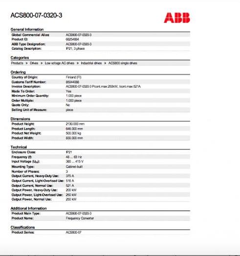 Brugt Frekvensomformer 250 kw, fabrikat ABB