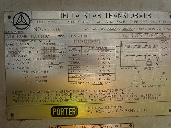 Used 15000 KVA DELTA STAR TRANSFORMER SUBSTATION 4160Y/2400