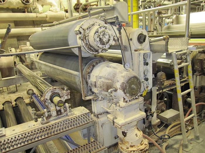 Used Beloit 87" Trim Paper Machine, With Voith Air Pad Headbox 90" Pond, Knockdown Fourdrinier Suction Couch, Suction Press, No Dryer Section, Size Press, 3 Roll Hot, Soft 2500 Pli Calender, Rice Barton Reel, Cameron Winder #27156