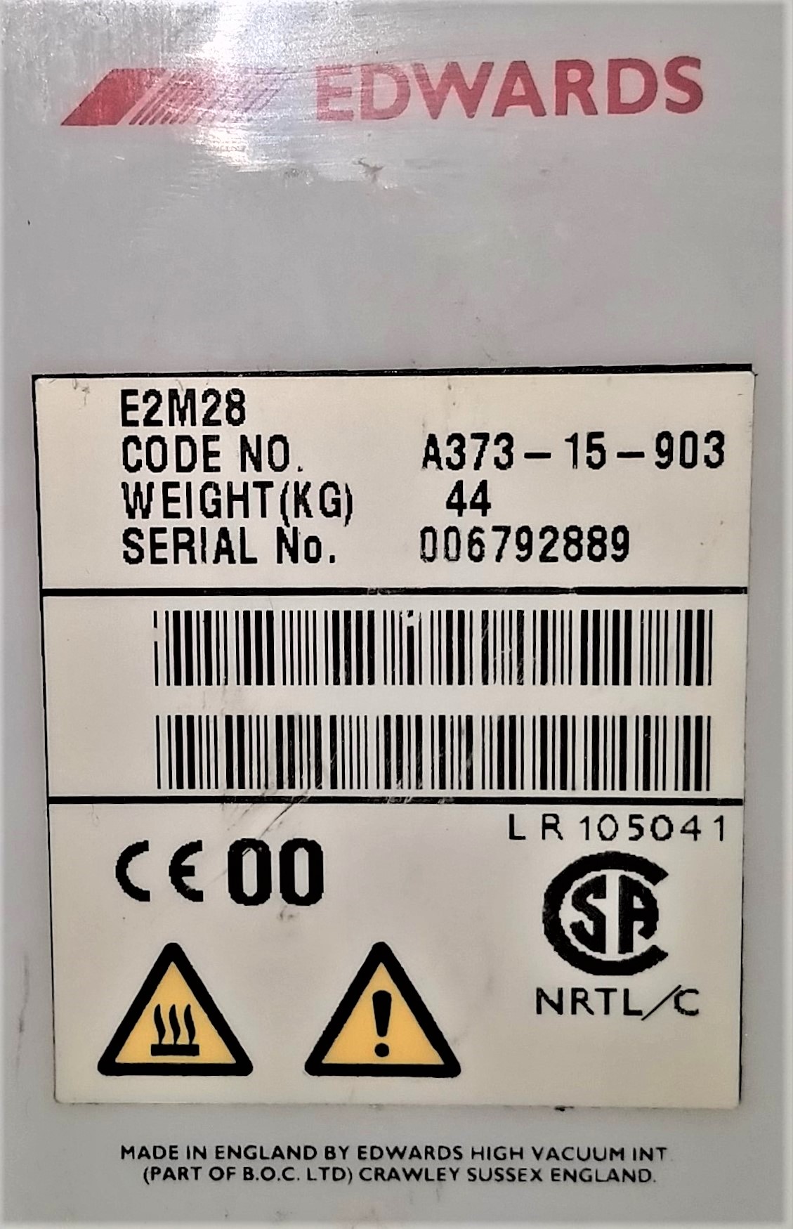 Used Edwards E2M28 Rotary Vacuum Pump with EMF20 Oil Mist Filter - 21cfm