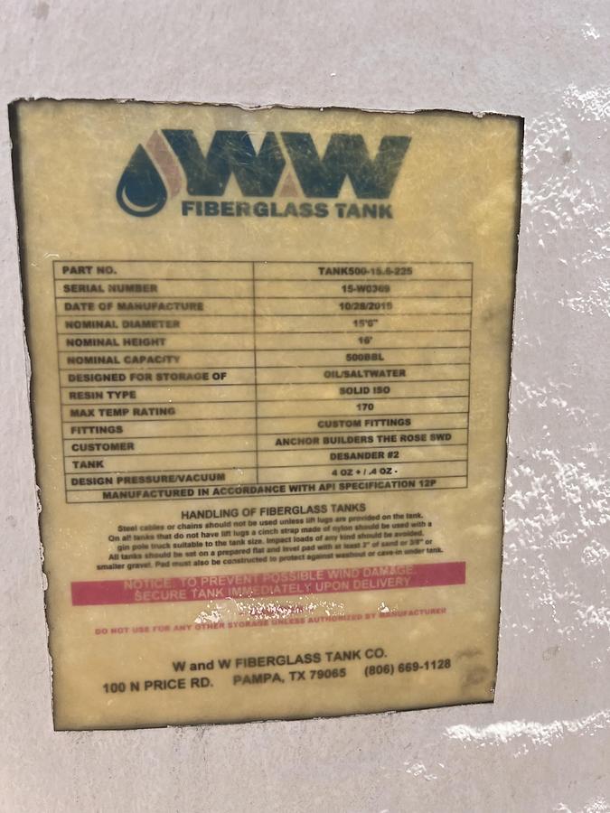 Used 2015 W & W 500 BBL Fiberglass Desander Tank