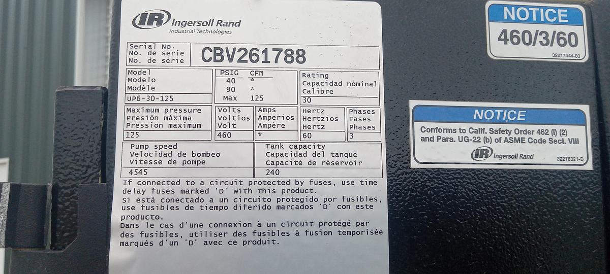 Used 2014 Ingersol Rand UP6-30-125 Compressor